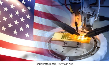 Microprocessor manufacturing in America. Microelectronics production equipment. USA microelectronics market. Microelectronics manufacturing in United States of America. American PCB factory. - Shutterstock ID 2094614782