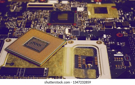 Microprocessor on computer motherboard close-up.  Repair of computer equipment. Chips, microprocessor and microcircuit.