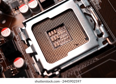 Microprocessor and socket on the motherboard. Computer radio components. Microchips and chips.