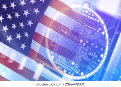 Microprocessor with USA flag. Digital board made in USA. Semiconductor production concept. Manufacturing of microchips in USA. Import of semiconductor to America. Semiconductor industry.  - Powered by Shutterstock - Get 15% off with code: PIKWIZARD15