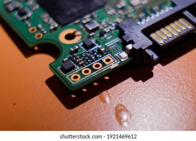 microscheme close up with plenty tiny pieces. Many capacitors, resistors on board. Digital engineering photo.