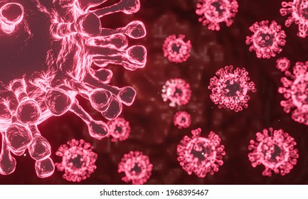 Microscope Cells Coronavirus 2019 Closes Up, Looking At The Microscopy Of Virus Cells, The Concept Of The Outbreaking Coronavirus Of Strains That Are Dangerous To Humans. Epidemic Medical Health Risks