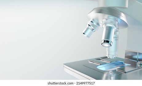 Microscope Chemistry. Pharmaceutical Instrument. Microbiology Magnifying Tool And Symbol Of Chemical Science Exploration. Space For Banner And Logo. Science And Technology Background, 3D Render.