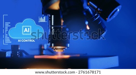 Microscope closeup with technology AI assistant cloud overlay for medical research poster and laboratory background design.