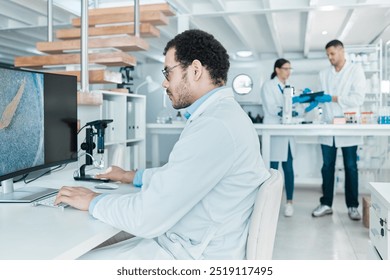 Microscope, computer screen or man in lab for dna breakthrough, clinical trial and discovery. Biotechnology, medical scientist and vaccine research with particles for mpox cure development or testing