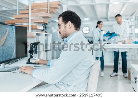 Microscope, computer screen or man in lab for dna breakthrough, clinical trial and discovery. Biotechnology, medical scientist and vaccine research with particles for mpox cure development or testing