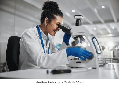 Microscope, happy woman and science research of study with healthcare, scientist and laboratory work. Analysis, testing and medical professional with microplastic investigation for scientific journal - Powered by Shutterstock