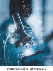 Microscope with holographic DNA and molecular structures, symbolizing advanced biotechnology, AI genetic research, molecular science innovation, digital healthcare in modern laboratory environment.