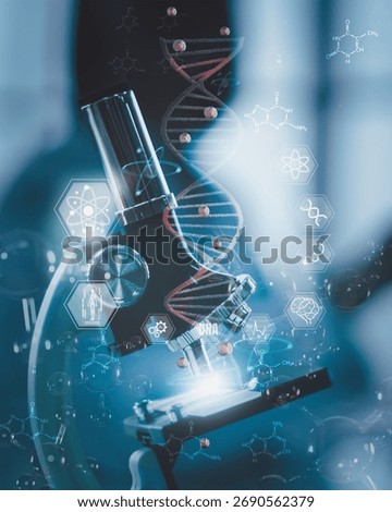 Microscope with holographic DNA and molecular structures, symbolizing advanced biotechnology, AI genetic research, molecular science innovation, digital healthcare in modern laboratory environment.