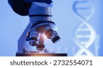 Microscope in laboratory with dna structure background, genetic engineering concept.