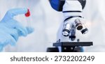 Microscope and scientist in laboratory setting with test tube, banner.