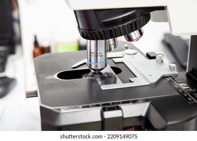 Microscope Slide With Pap Smear Sample On The Microscope For Scientist Diagnosis At Cytology Or Pathology Department. Cervical Cancer Concept. Medical Concept.