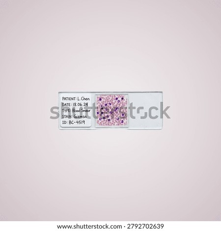 Microscope slide with stained tissue sample on white background