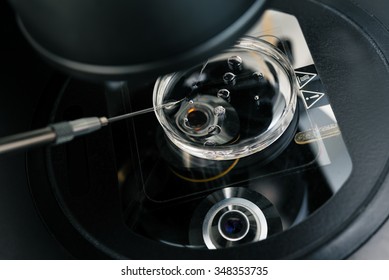 Microscope For In Vitro Fertilization Process Close Up.  High Tech Lab Equipment.