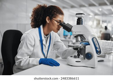 Microscope, woman check and virus research of science study with healthcare, scientist and laboratory work. Analysis, testing and medical professional with investigation for scientific journal