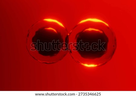 Microscopic 3D render of two distinct cells completing the division process. Glowing red organic spheres symbolize reproduction, genetic replication, and the beginning of new life in a lab setting.