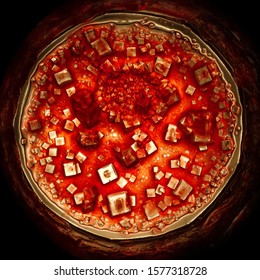 Microscopic crystals of ocean salt  precipitated in a glass with pomegranate juice