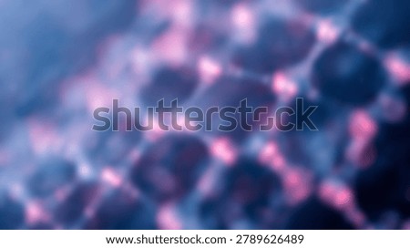 A microscopic view of a molecular lattice structure featuring glowing pink nodes and blue connections in a soft focus abstract photographic style.