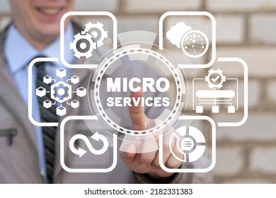 Microservice Architecture Concept. Businessman Using Virtual Touchscreen Presses Word Of Microservices. Micro Services Architecture Software Modernization Integration.