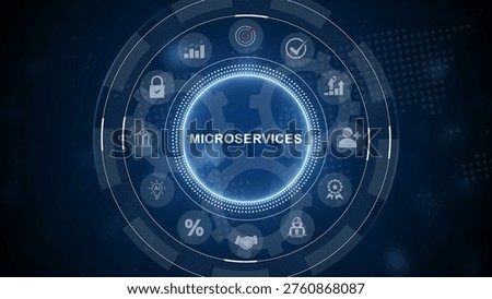 Microservices Architecture HUD Interface with System Icons, Global Technology Map. 3d Motion graphics of technology icon interface background