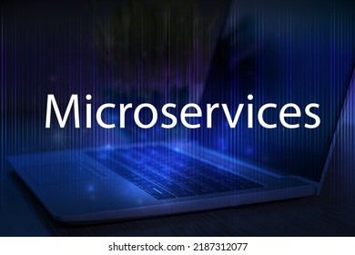 Microservices text on blue technology background with laptop.