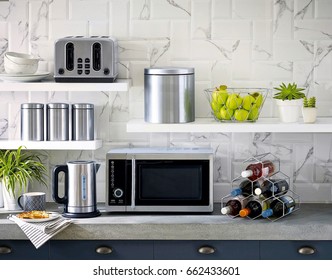 Microwave the kitchenware home appliance isolated in the kitchen interior