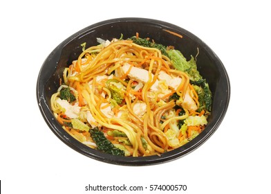 Microwave Meal, Chicken Chow Mein In A Plastic Carton Isolated Against White