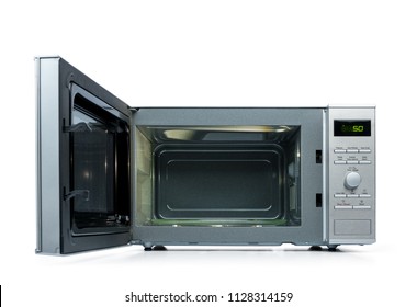 Microwave Oven With Door Open, Isolated On White Background. 