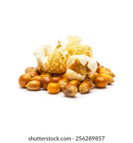 Microwave Popcorn With Corn Grains Isolated On White Background