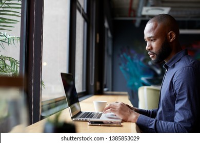 Mid Adult Black Male Creative Sitting By Window In An Office Social Area Using A Laptop, Side View