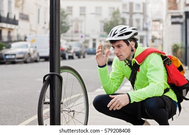 Mid Adult Man Discovering Stolen Bicycle