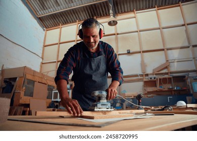 Mid adult man smiling while wearing ear muffs and using power tool on timber in woodworking factory