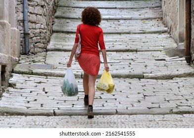 Mid Adult Woman Carrying Fresh Food From Local Market In Hands While Walking Home