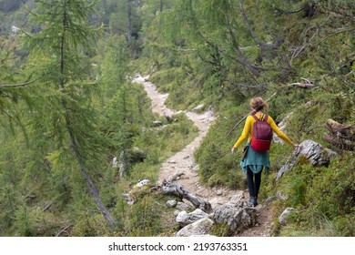 Mid Adult Woman Hiking Alone In Mountains On An Alpine Trail