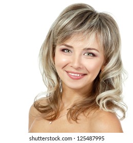 mid adult woman portrait, face of attractive caucasian middle 40 years old woman over white