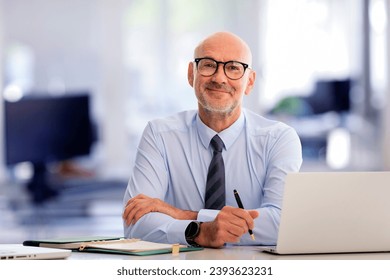 Mid aged businessman sitting in the office and using notebook for work. Confident professional man wearing shirt and tie.  - Powered by Shutterstock