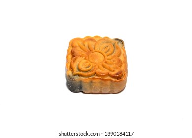 Mid Autumn Festival Mooncake Isolated On White Background. Five Kernel Mooncake Is The Most Traditional Classic Flavor. (Chinese Wording Means Five Kernel Mooncake With Roast Pork) 