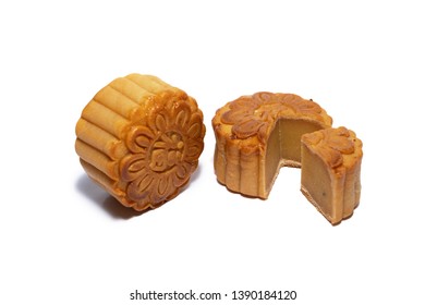 Mid Autumn Festival Mooncake Isolated On White Background. Five Kernel Mooncake Is The Most Traditional Classic Flavor. (Chinese Wording Means Five Kernel Mooncake With Roast Pork) 