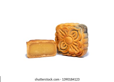 Mid Autumn Festival Mooncake Isolated On White Background. Five Kernel Mooncake Is The Most Traditional Classic Flavor. (Chinese Wording Means Five Kernel Mooncake With Roast Pork) 