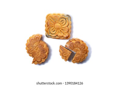 Mid Autumn Festival Mooncake Isolated On White Background. Five Kernel Mooncake Is The Most Traditional Classic Flavor. (Chinese Wording Means Five Kernel Mooncake With Roast Pork) 