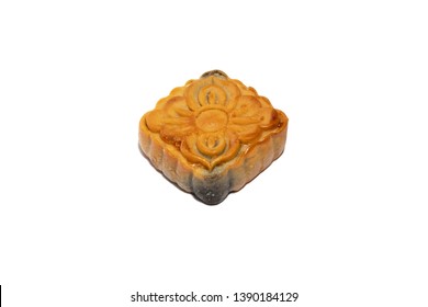 Mid Autumn Festival Mooncake Isolated On White Background. Five Kernel Mooncake Is The Most Traditional Classic Flavor. (Chinese Wording Means Five Kernel Mooncake With Roast Pork) 