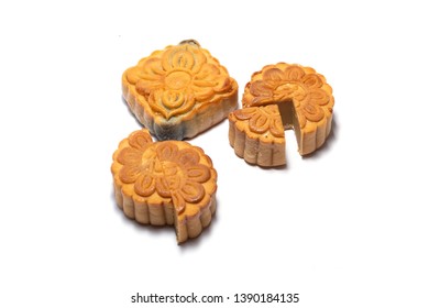 Mid Autumn Festival Mooncake Isolated On White Background. Five Kernel Mooncake Is The Most Traditional Classic Flavor. (Chinese Wording Means Five Kernel Mooncake With Roast Pork) 