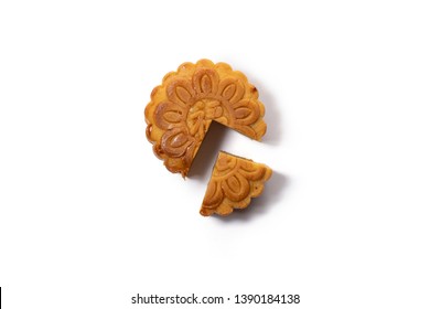 Mid Autumn Festival Mooncake Isolated On White Background. Five Kernel Mooncake Is The Most Traditional Classic Flavor. (Chinese Wording Means Five Kernel Mooncake With Roast Pork) 