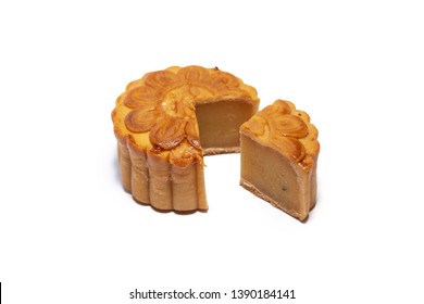 Mid Autumn Festival Mooncake Isolated On White Background. Five Kernel Mooncake Is The Most Traditional Classic Flavor. (Chinese Wording Means Five Kernel Mooncake With Roast Pork) 