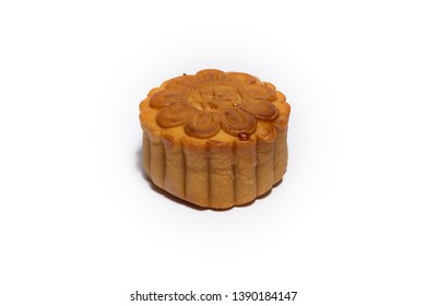 Mid Autumn Festival Mooncake Isolated On White Background. Five Kernel Mooncake Is The Most Traditional Classic Flavor. (Chinese Wording Means Five Kernel Mooncake With Roast Pork) 