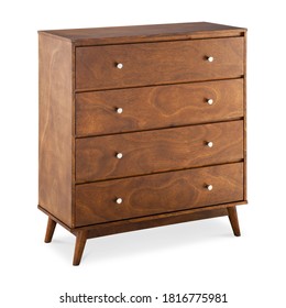 Mid Century Modern 4 Drawer Chest Isolated on White. Side View Wooden Fore Doors Bedroom Chest of Drawer Table from Solid American Oak & Solid Brass Hardware. Wood Dresser Mirror. Bureau & Cabinet - Shutterstock ID 1816775981