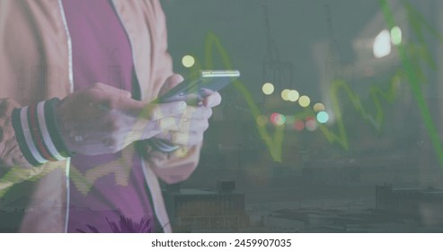 Mid section of man using smartphone against spots of light. Global business digital interface and data processing concept digitally generated image.