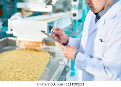 Mid Section Portrait  Of  Unrecognizable Factory Worker Doing  Production Quality Inspection In Food Industry Holding Clipboard And Standing By Conveyor Belt, Copy Space