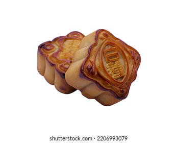 Mid-autumn festival desserts isolated on white background, selective focus. 
Letters on  mooncake indicate filling flavor name,  