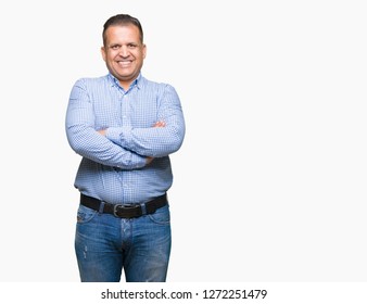 Middle age arab business man over isolated background happy face smiling with crossed arms looking at the camera. Positive person.